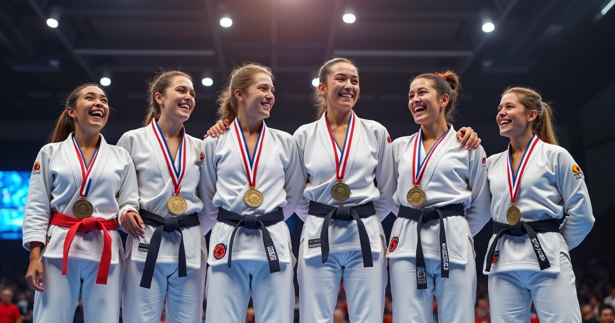 Grupo de mulheres de jiu-jitsu comemorando em equipe 