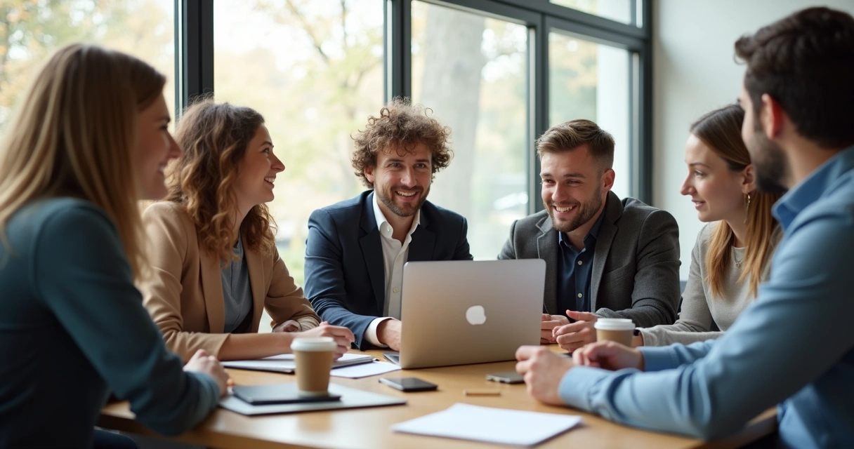 Equipe jovem de estagiários reunida em escritório moderno 