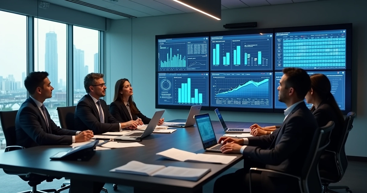 Equipe de advogados analisando dados em gráficos na sala de reunião 