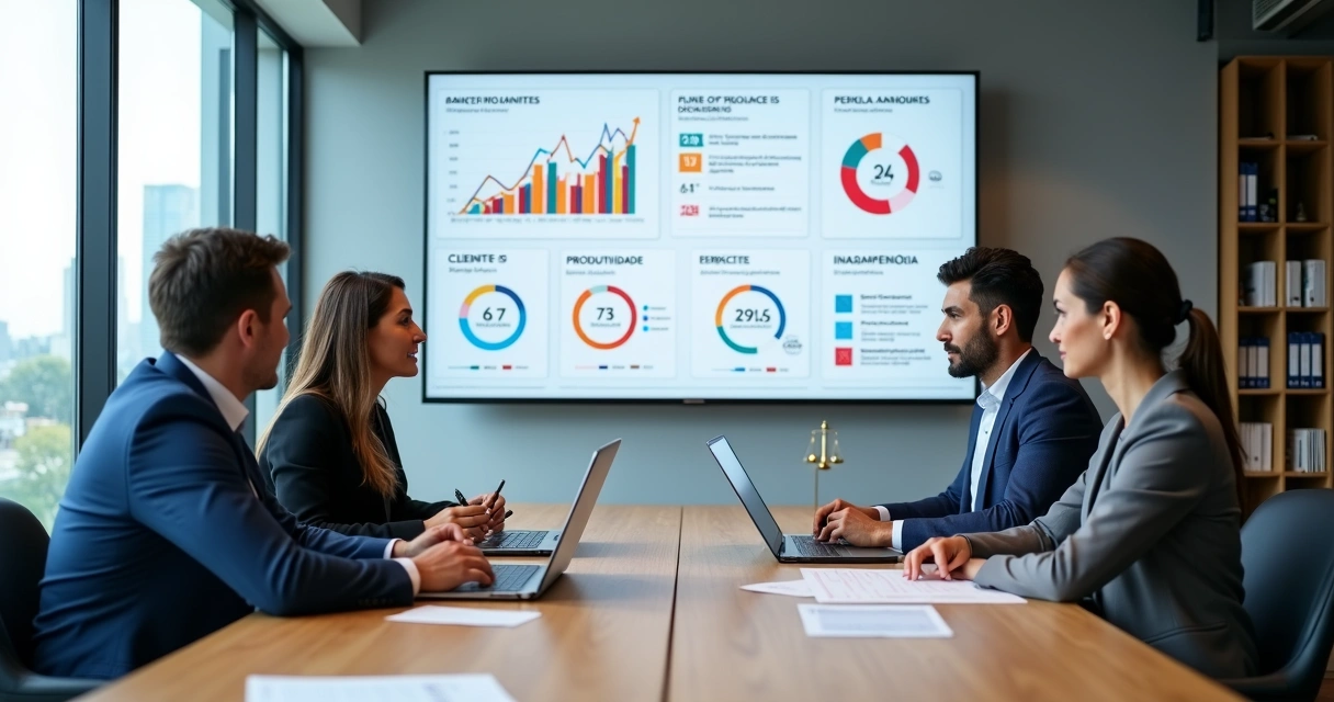 Equipe jurídica analisando gráficos de desempenho em reunião de planejamento 