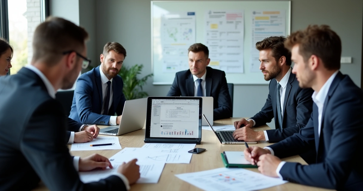 Equipe jurídica reunida analisando estratégia, menos papéis 