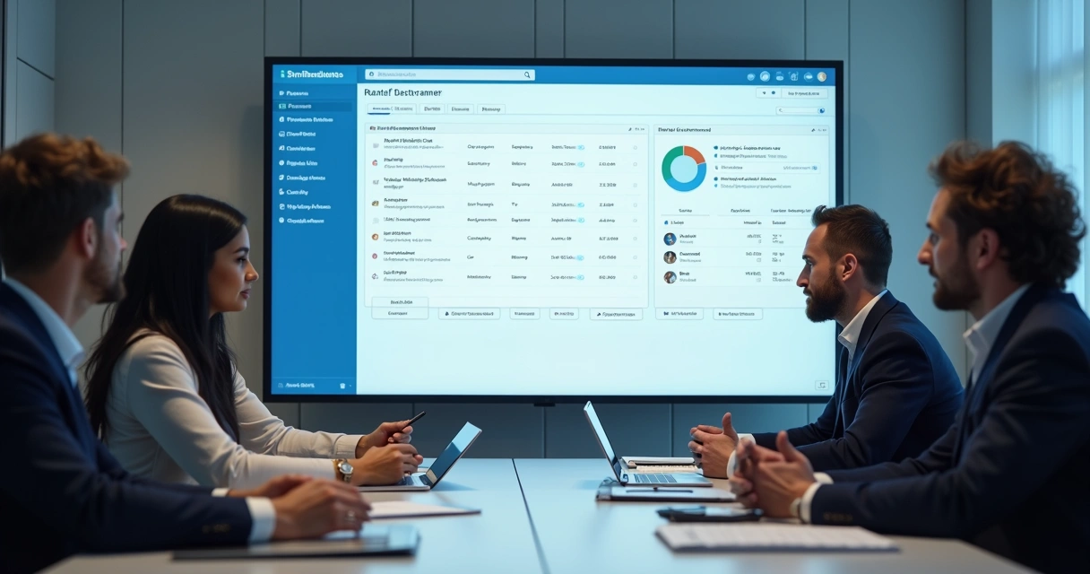 Equipe jurídica acompanhando atendimentos digitais em painel centralizado