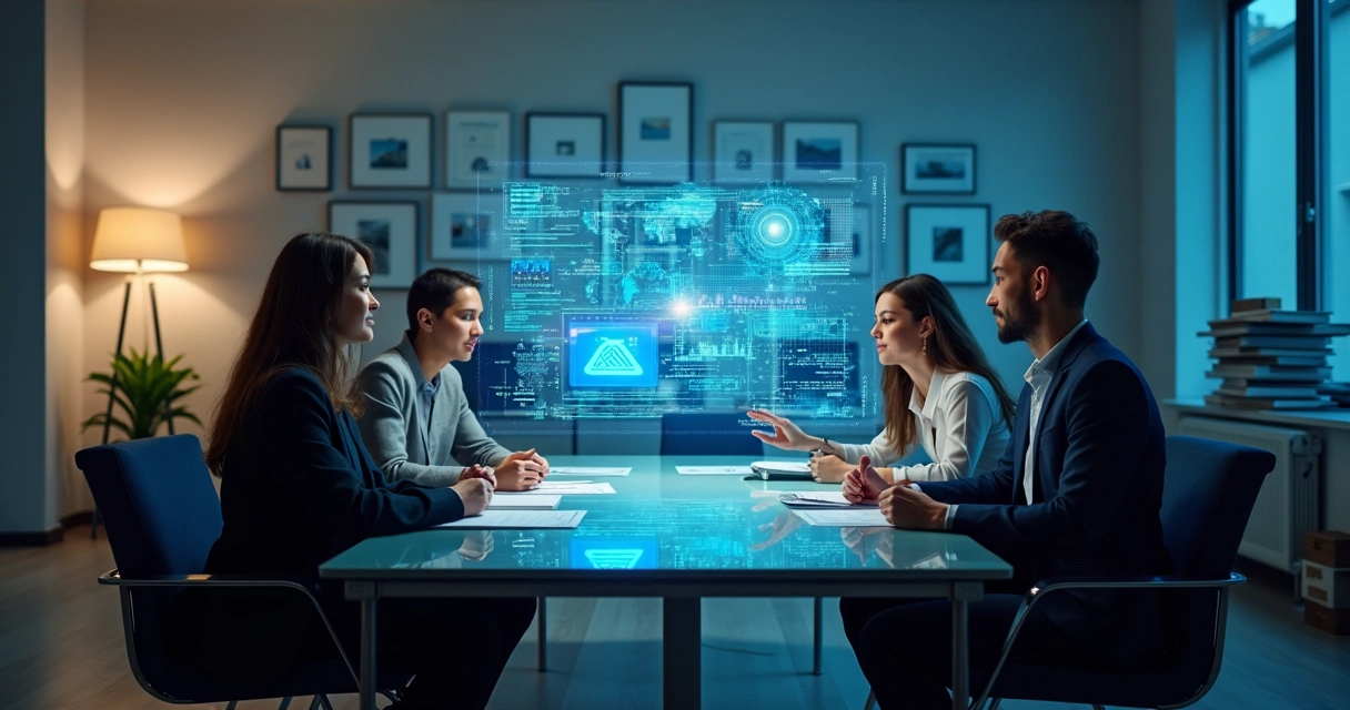 Equipe jurídica em reunião com holograma mostrando gráficos de IA 