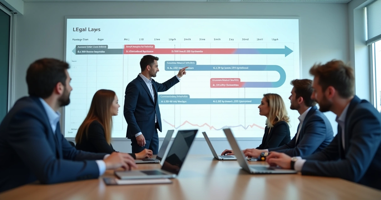 Equipe jurídica reunida analisando timelines de processos 