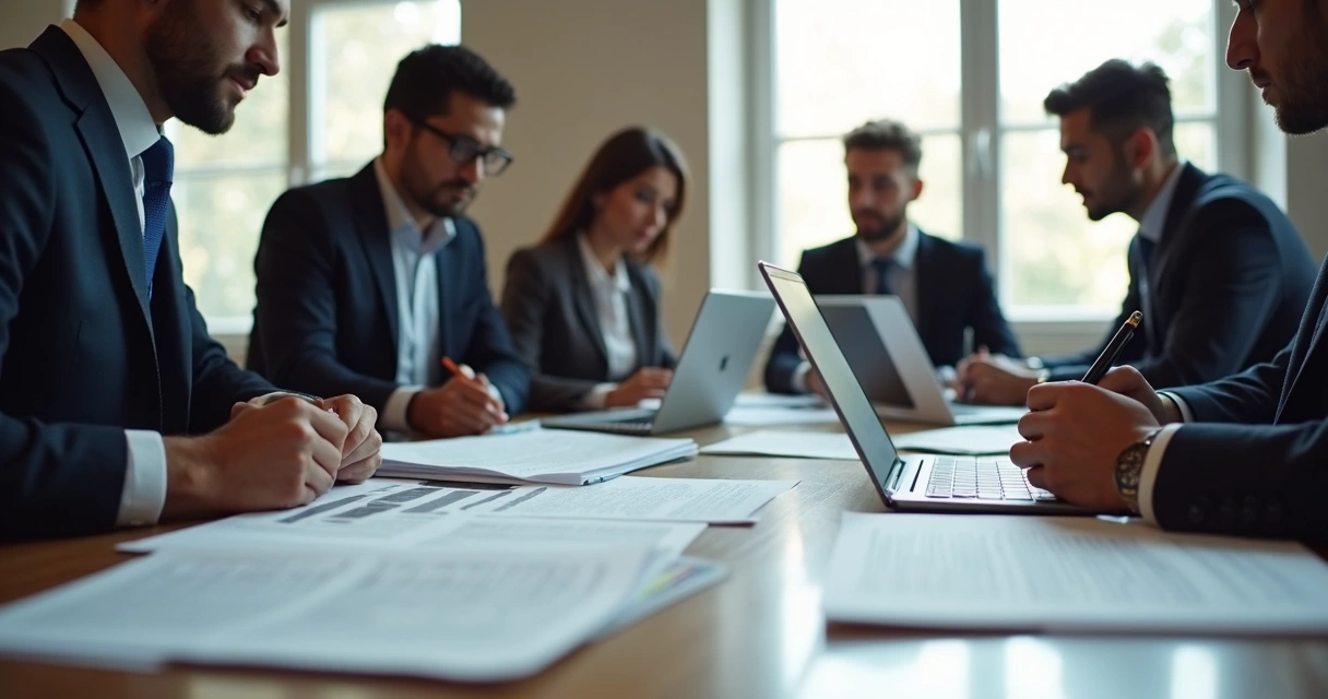 Equipe jurídica analisando documentos e edital de licitação