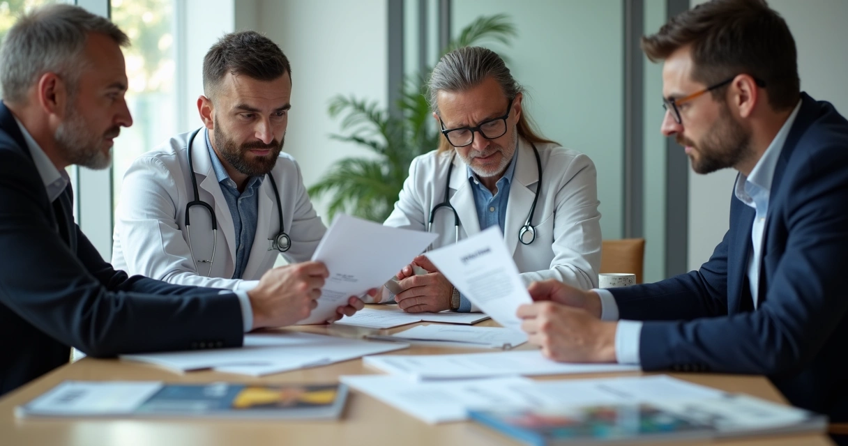 Equipe jurídica médica analisando documentos em reunião 