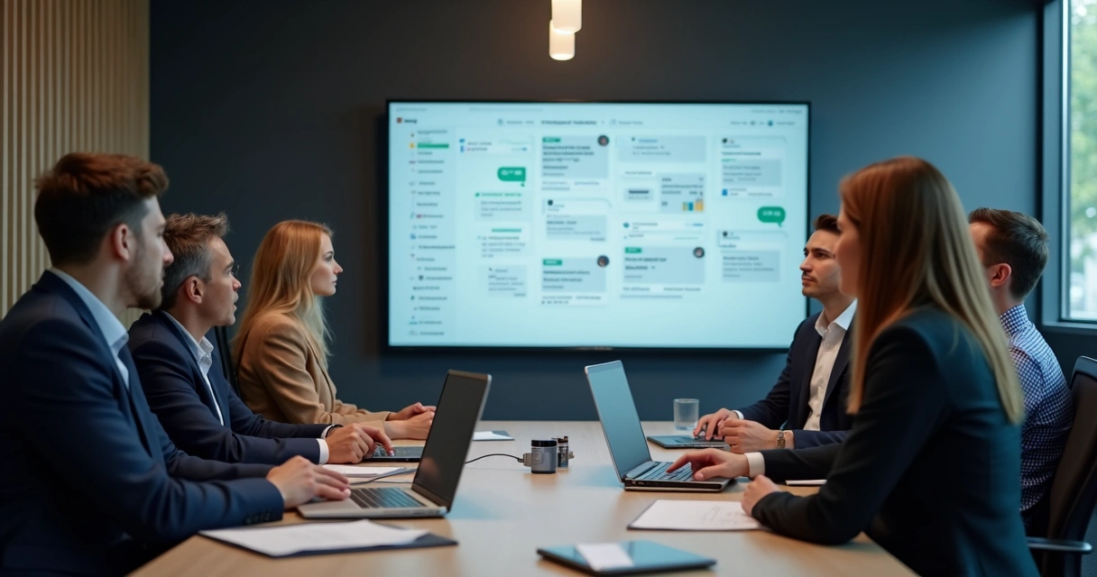 Equipe jurídica analisando painel central de atendimento multicanal 