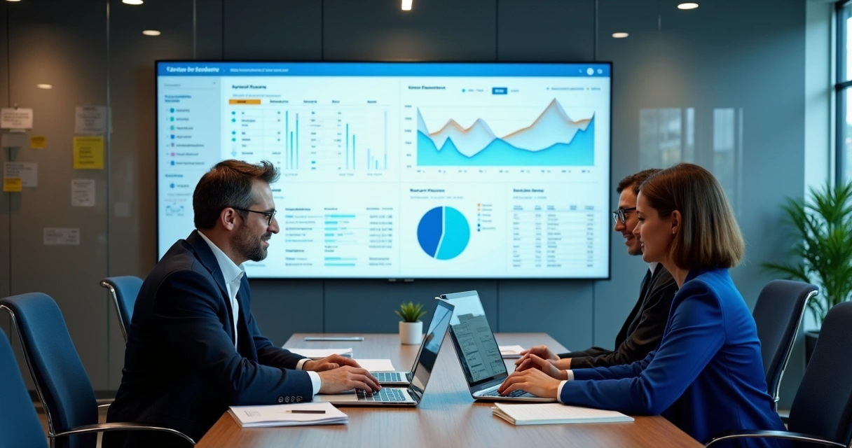 Equipe jurídica analisando painel de dados em escritório moderno