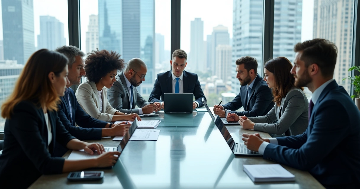 Equipe jurídica e administrativa avaliando contratos digitalmente. 