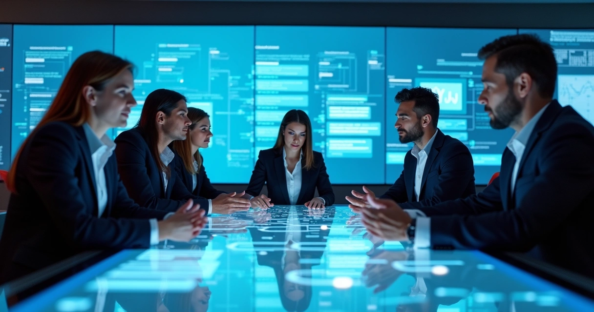 Equipe jurídica discutindo estratégia digitalmente. 