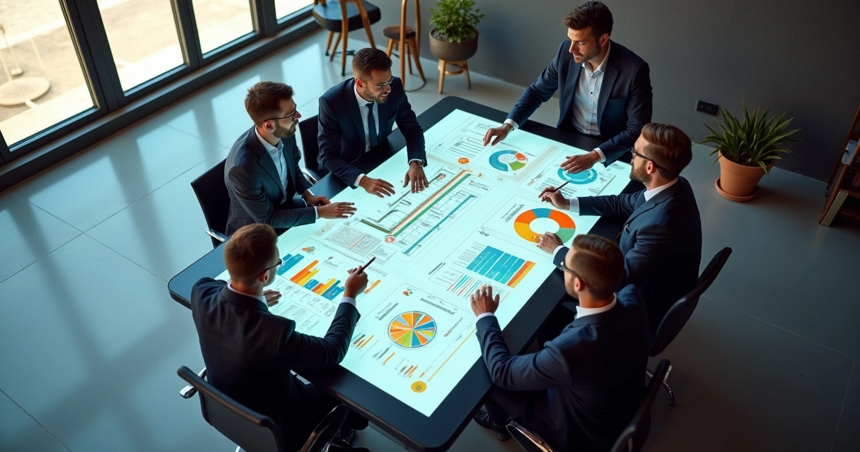 Equipe jurídica analisando dashboards em escritório moderno 