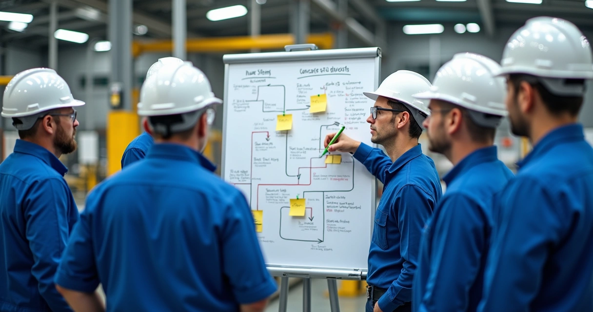 Equipe de fábrica reunida em kaizen olhando mapa de fluxo de valor 