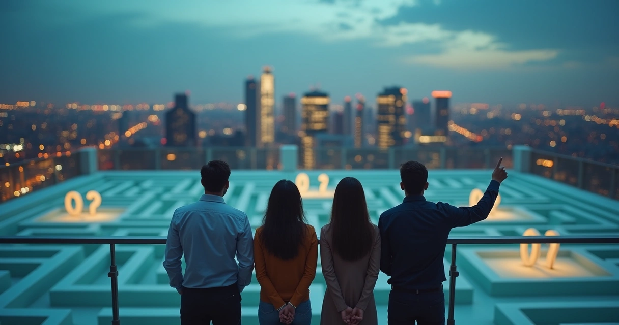 Equipe em mirante observando labirinto com pontos de interrogação luminosos 
