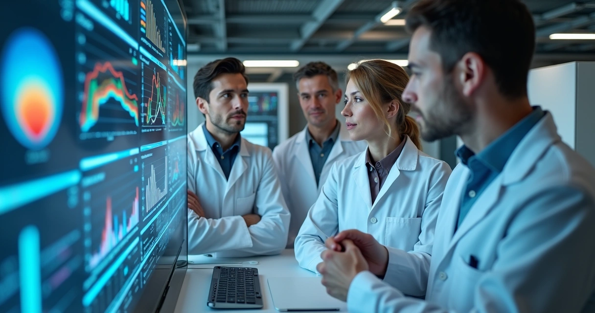 Equipe em laboratório discute gráficos de desempenho e alertas automáticos 
