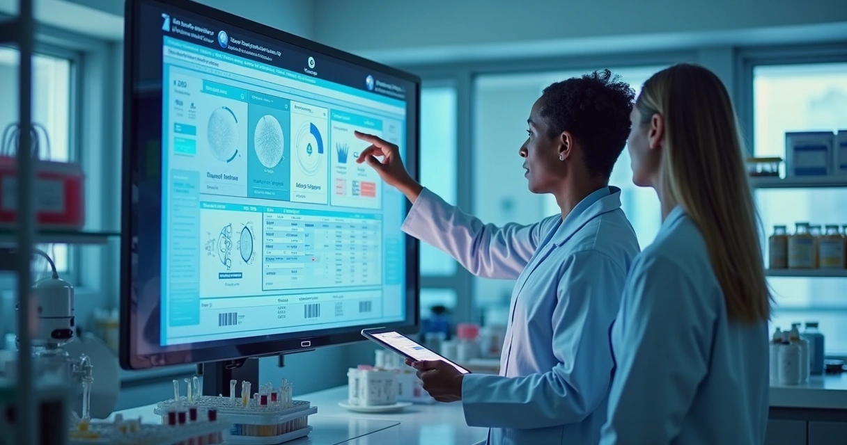 Equipe de laboratório revisando resultados com apoio de IA 