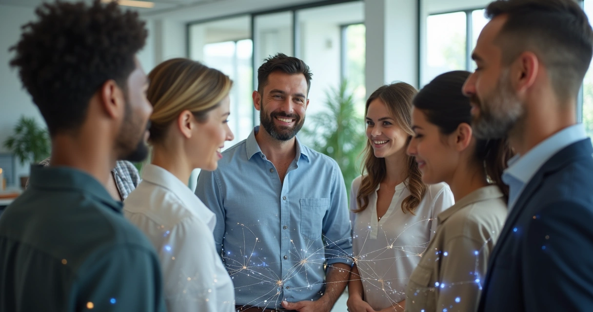 Equipe de trabalho em círculo conectada por linhas de luz sutis 