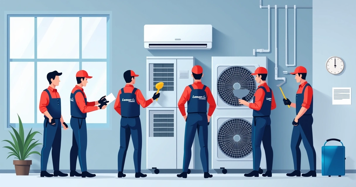 Equipe profissional em manutenção de ar-condicionado comercial 