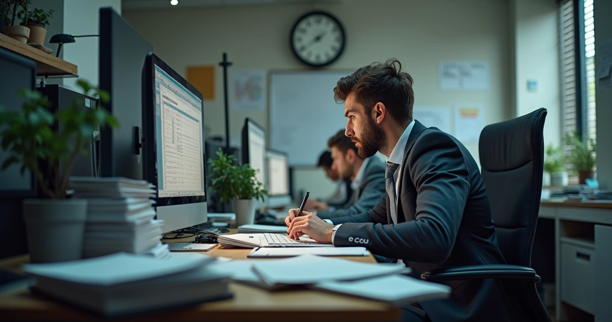 Contador digitando dados manualmente em planilha, com notas fiscais ao lado 