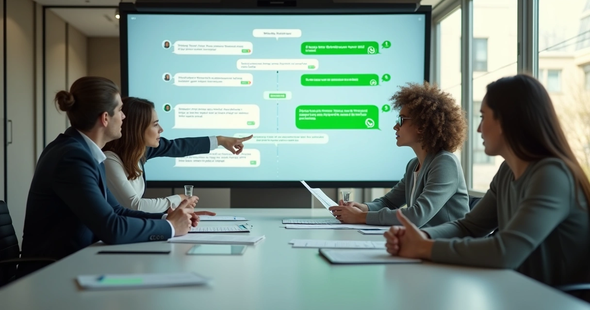 Equipe comercial avaliando mensagens em reunião 