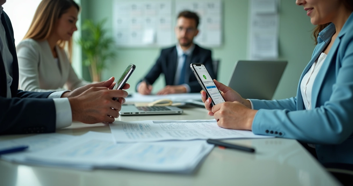 Equipe de licitação acompanhando mensagens no celular 