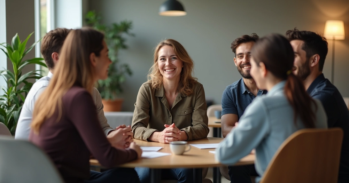Equipe de trabalho reunida em círculo com líder sorrindo e olhando nos olhos das pessoas 