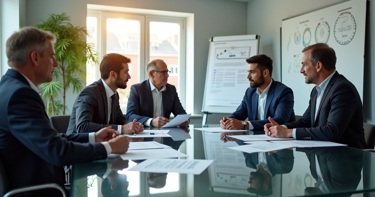 Equipe de liderança em sala de reuniões discutindo compliance 