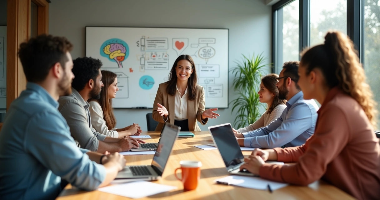 Equipe diversa em reunião com líder guiando conversa de forma calma e colaborativa 