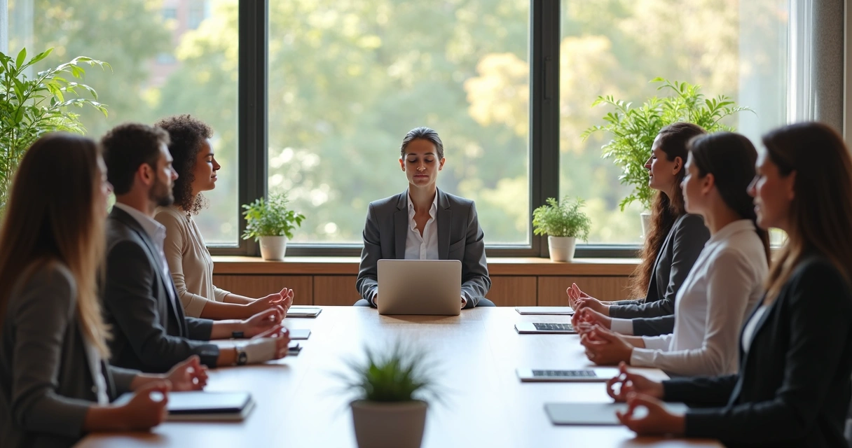 Equipe de escritório sentada ao redor de mesa, olhos fechados, meditando em conjunto