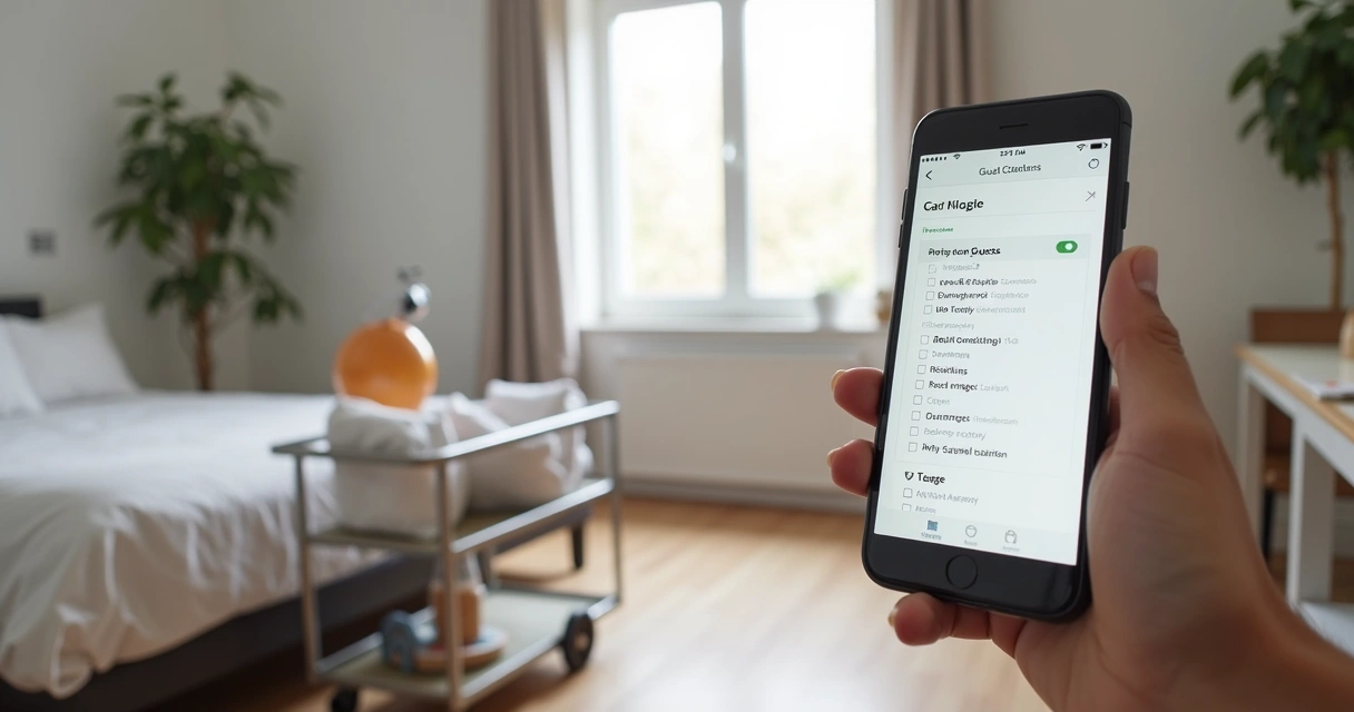 Checklist de limpeza com celular e materiais de hospedagem
