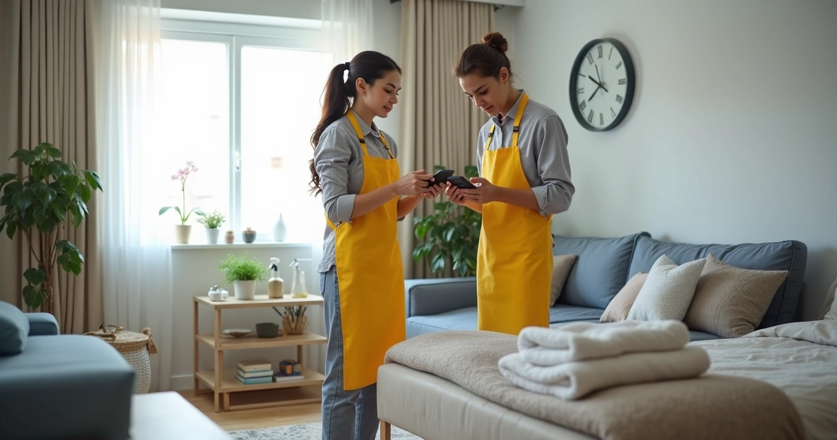 Equipe de limpeza consultando checklist em apartamento de temporada
