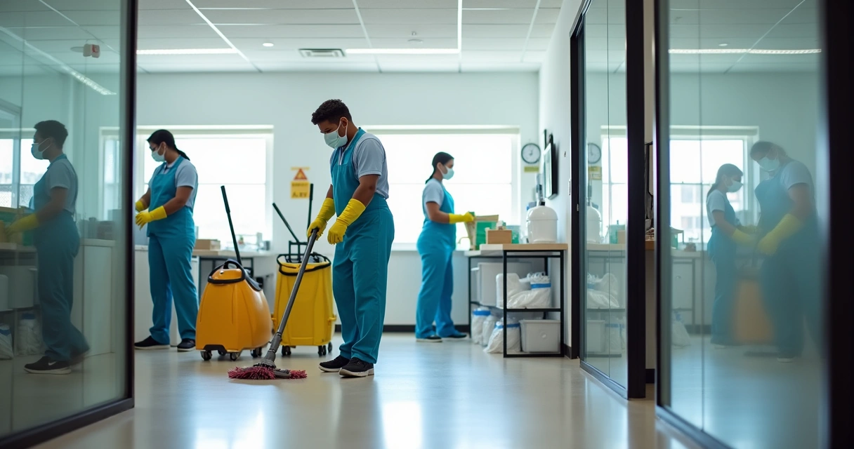 Equipe de limpeza usando equipamentos e EPIs em ambiente corporativo. 