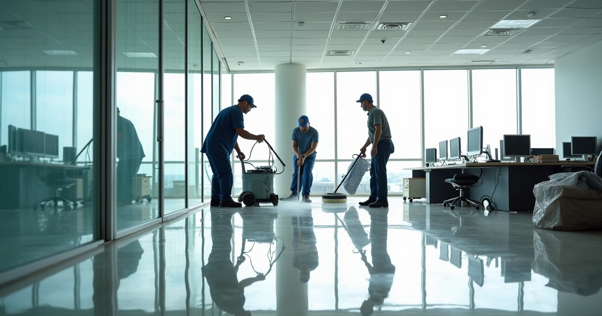 Equipe de limpeza uniformizada limpando escritório empresarial recém-reformado, com vidros, pisos e mesas brilhando 
