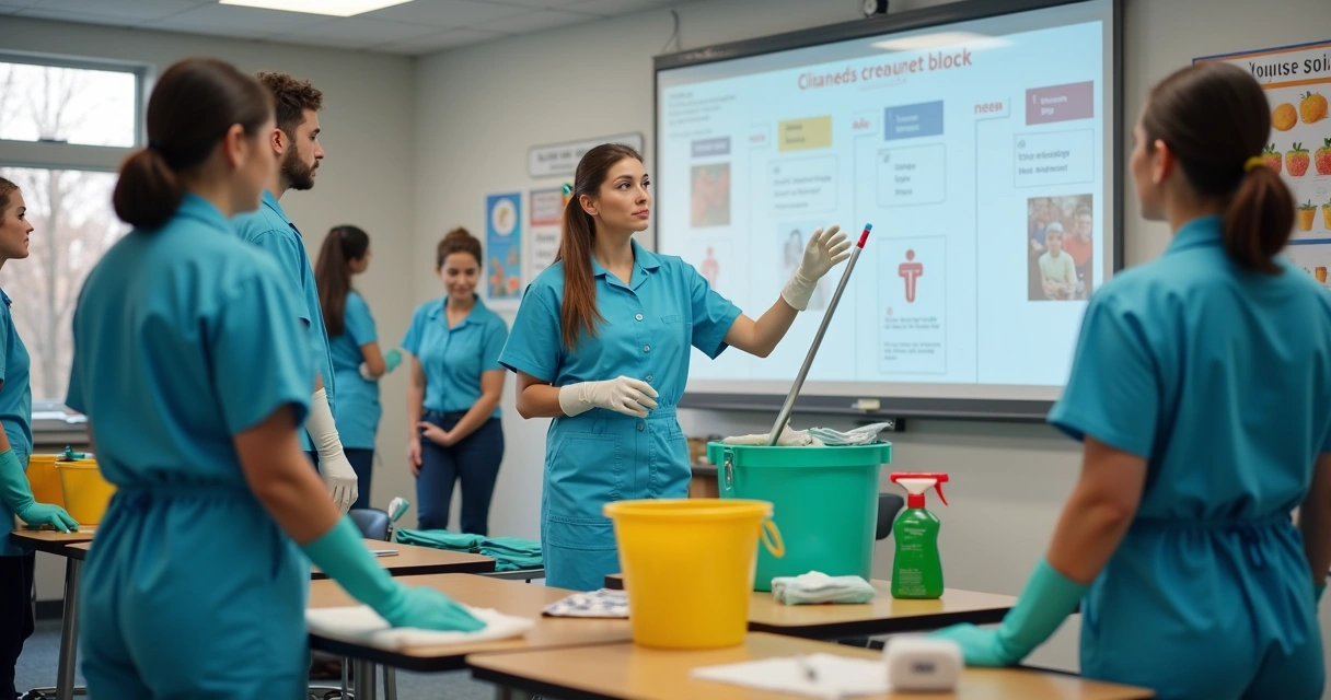 Equipe de limpeza escolar durante treinamento 