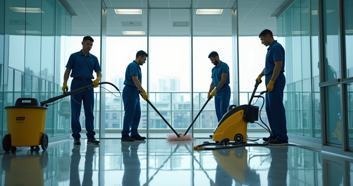 Equipe de limpeza uniformizada trabalhando em escritório moderno 