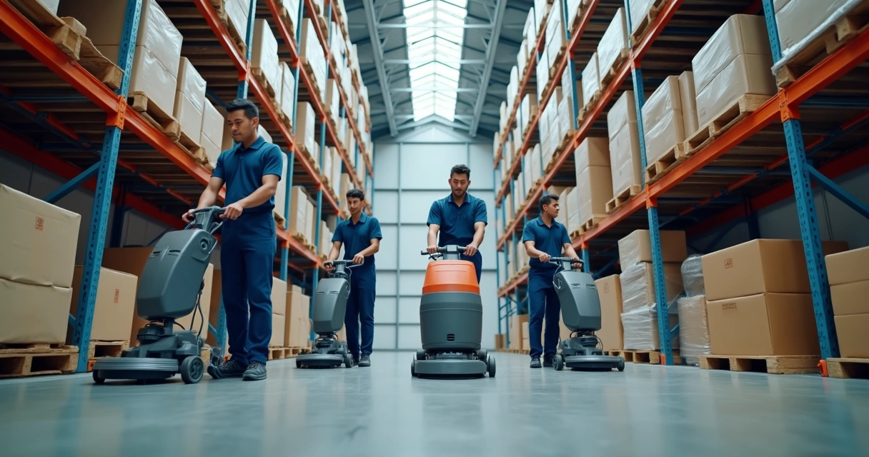 Equipe profissional de limpeza em galpão industrial 