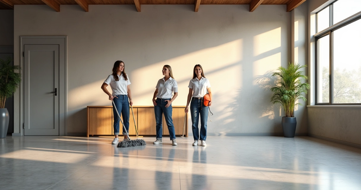 Equipe de limpeza protegida com EPIs limpando sala reforma 