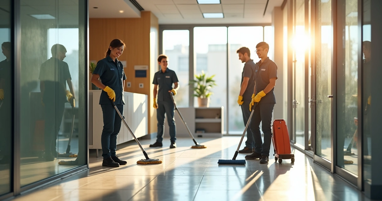 Equipe de limpeza uniformizada limpando recepção pós-obra 