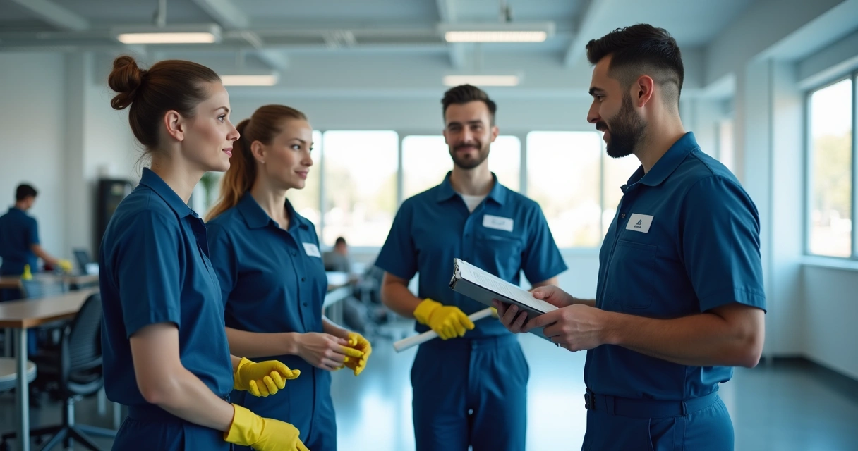 Profissionais de limpeza uniformizados em treinamento técnico 