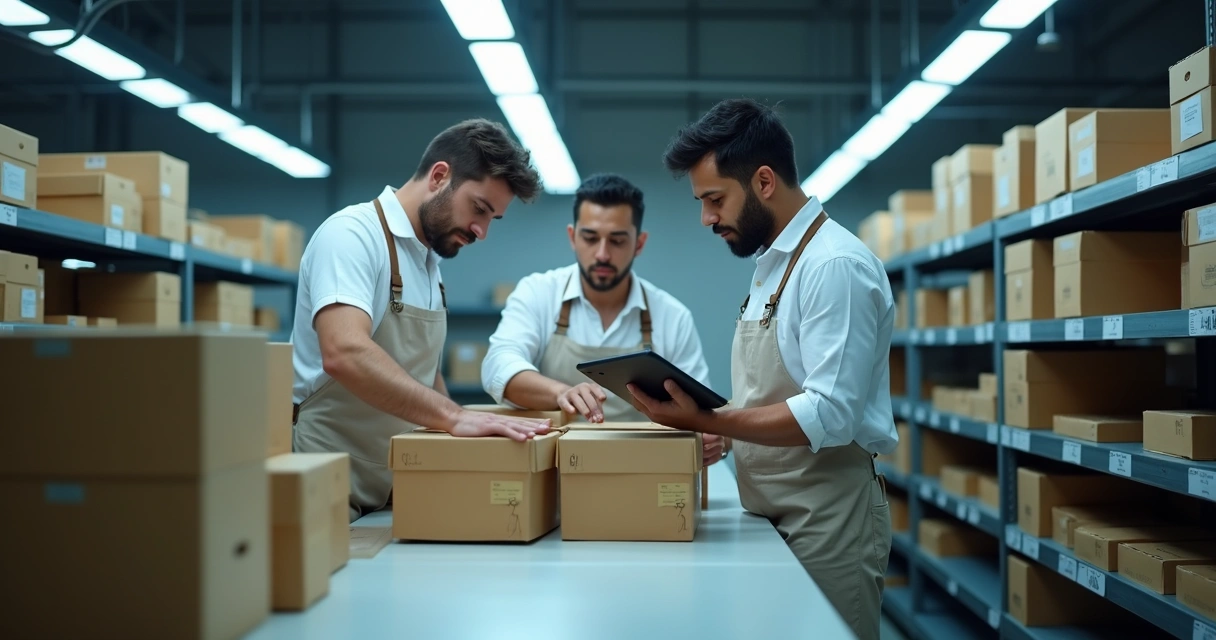 Equipe de logística organizando caixas para envio em armazém 