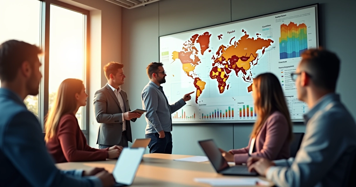 Equipe logística reunida em sala discutindo estratégia com mapa e gráficos na parede. 