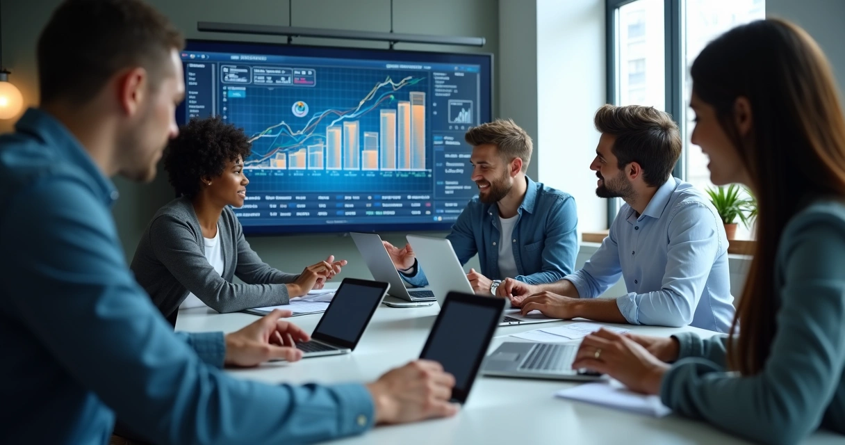 Equipe de logística reunida em mesa com computadores e telas mostrando gráficos de integração de sistemas