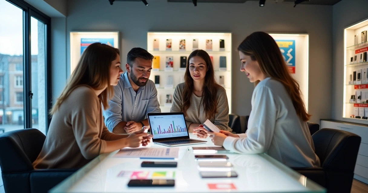 Equipe de loja de celular em reunião no balcão, analisando gráficos e planejando ações 