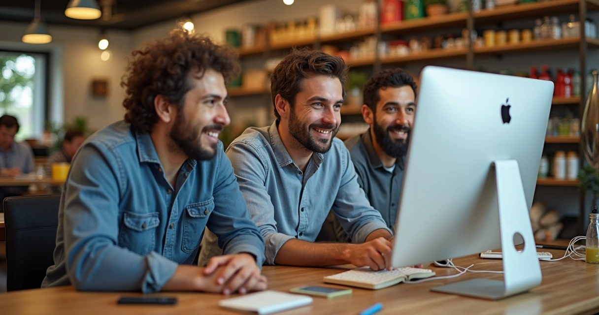 Equipe de loja usando computador em ambiente organizado 