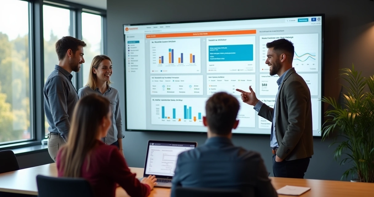 Equipe de uma loja online revisando dashboards em ambiente descontraído