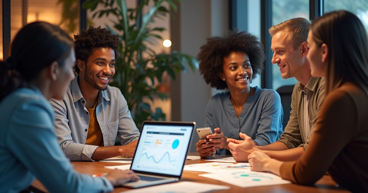 Equipe reunida discutindo ideias de vendas online.