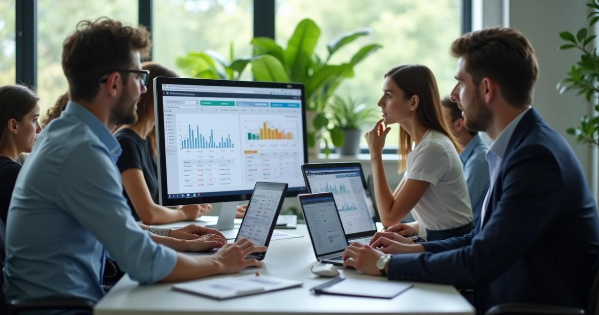 Equipe de loja virtual trabalhando em computadores com gráficos de vendas 