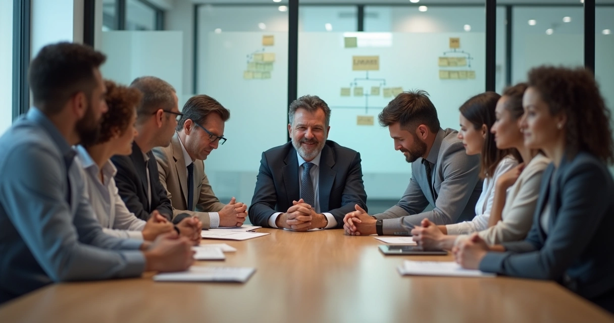 Equipe reunida em silêncio em sala de reunião, demonstrando luto coletivo no trabalho 