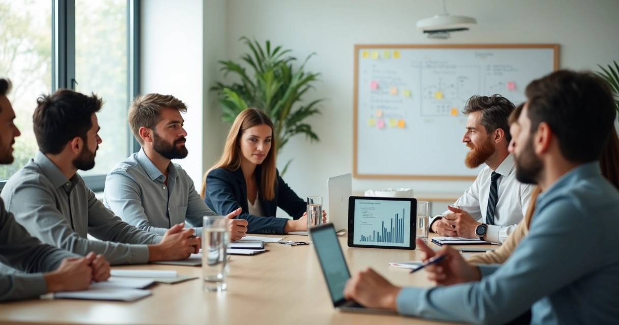 Equipe diversa reunida em sala de reunião moderna em clima de cooperação tranquila 