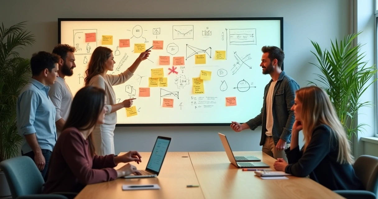 Equipe diversificada colaborando em frente a grande quadro de ideias iluminado 