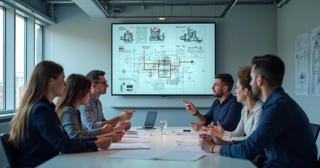 Equipe de manutenção debatendo sobre análise de falhas em ambiente fabril 